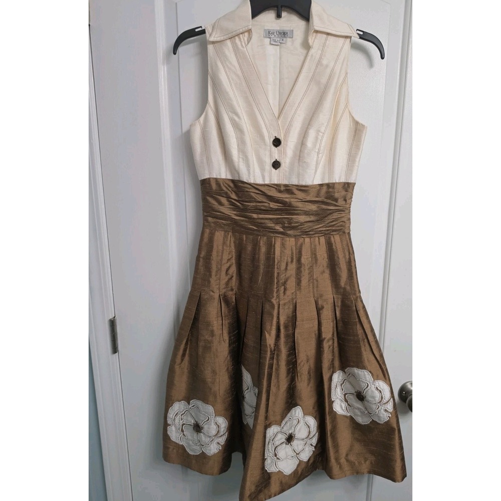 Kay Unger New York Silk Brown/Ivory Sleeveless Pleated  Flowers Dress Size 4